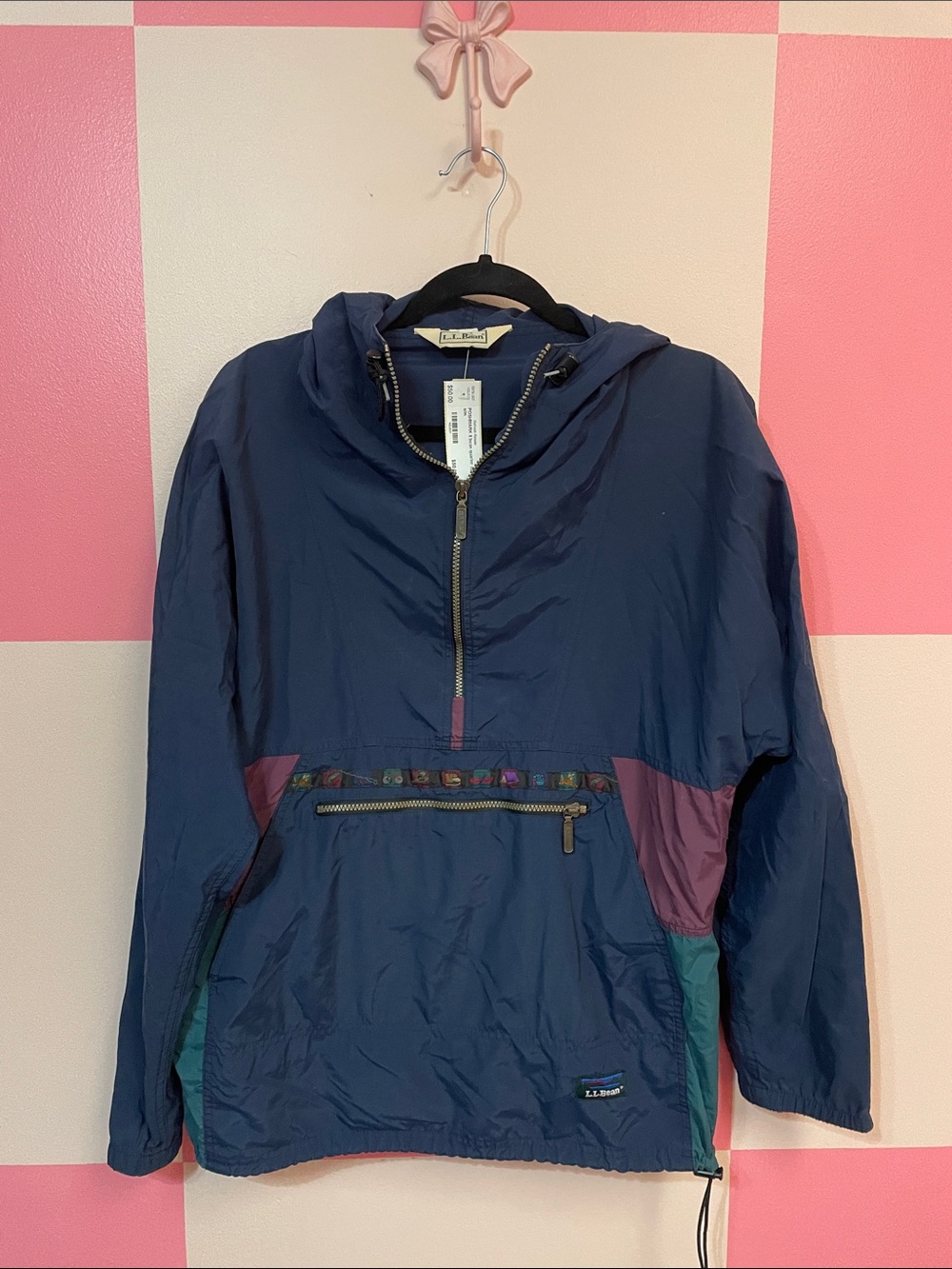 L.L. Bean Navy Windbreaker Pullover with Plum and Teal Accents